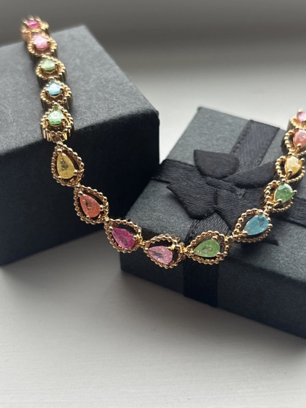 Rose Gold Plated Multicolor Teardrop Bracelet Rainbow Gemstone Tennis Bracelet